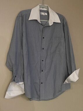 Karl Knox 16.5 34/35 navy white seersucker collar polo button down blouse men’s